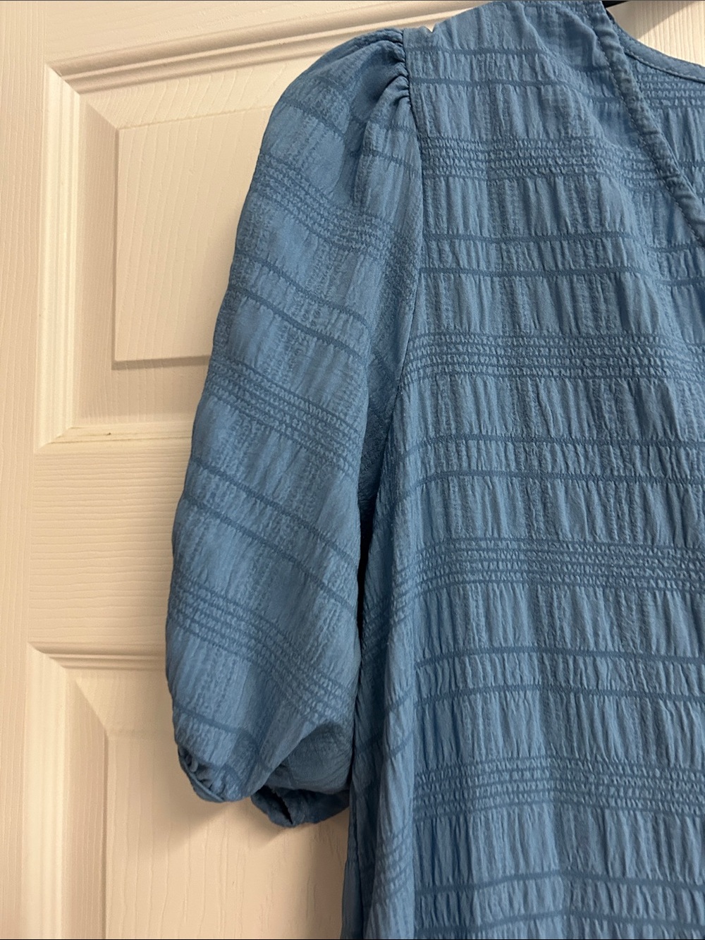 SHEIN Dusty Blue Button-Front Midi Dress with Puff Sleeves. WORN ONCE! - Picture 4 of 11